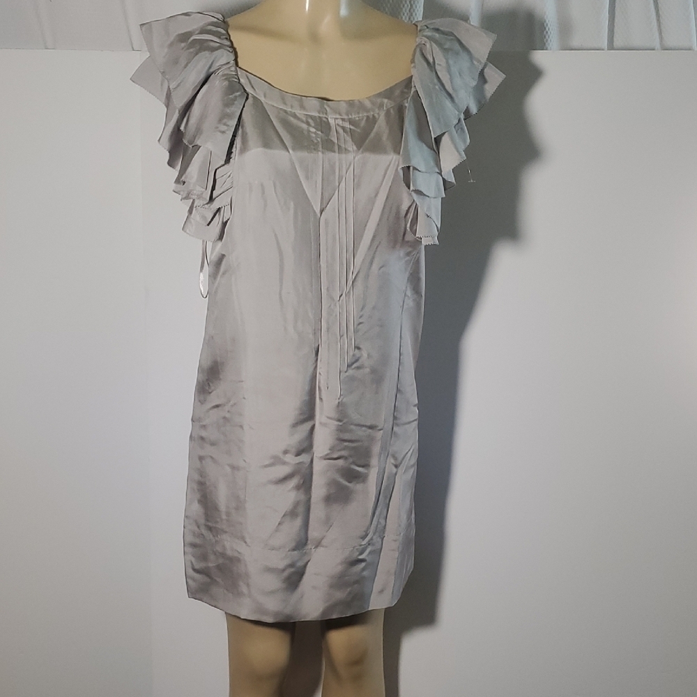 Anthropologie Ruffle Sleeves Silk Lovelace Manor Shift Gray Dress Elegant SZ 6